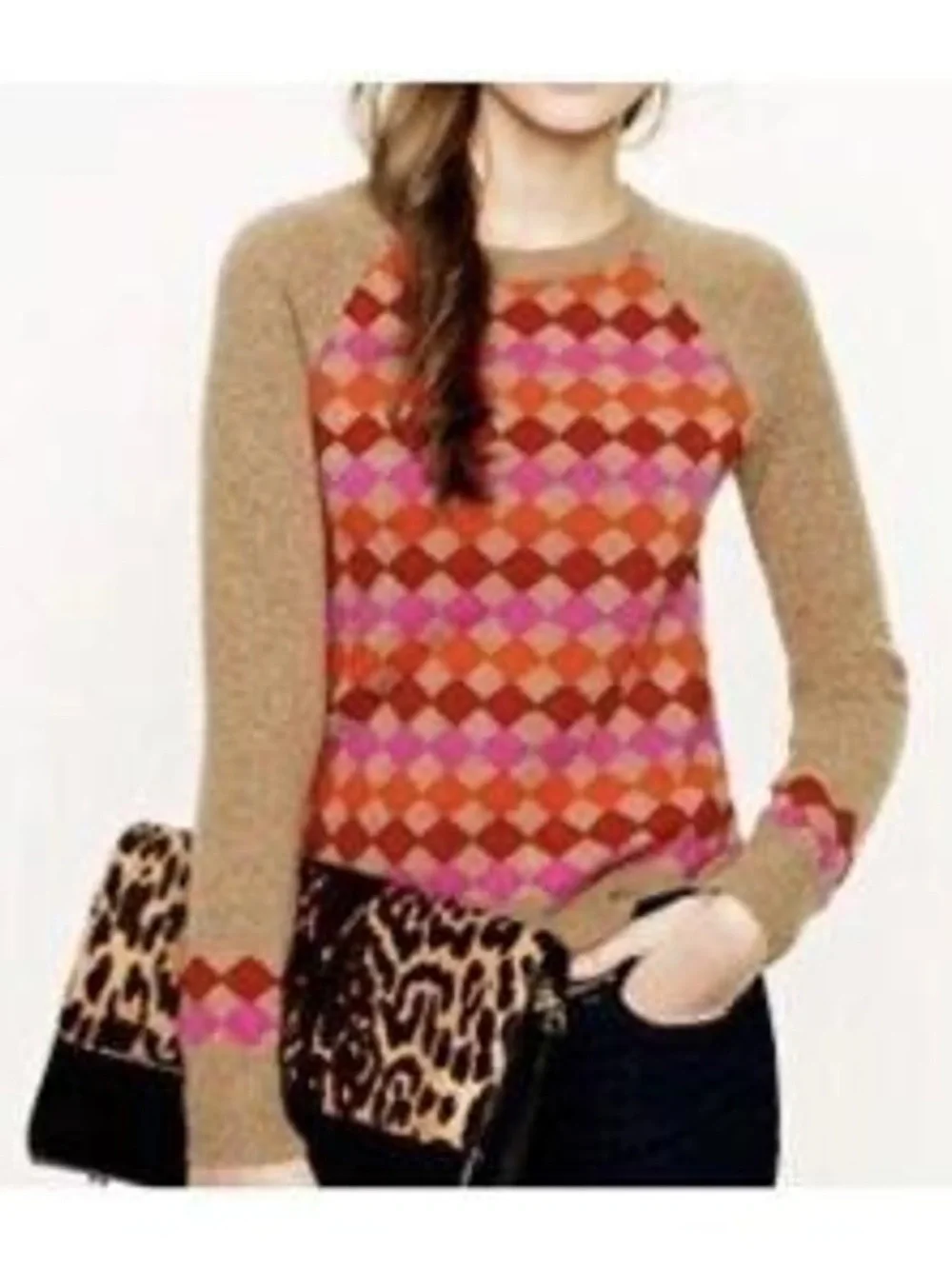 💯Lambs Wool J. Crew Tan Sweater with Pink and Orange Argyle Front